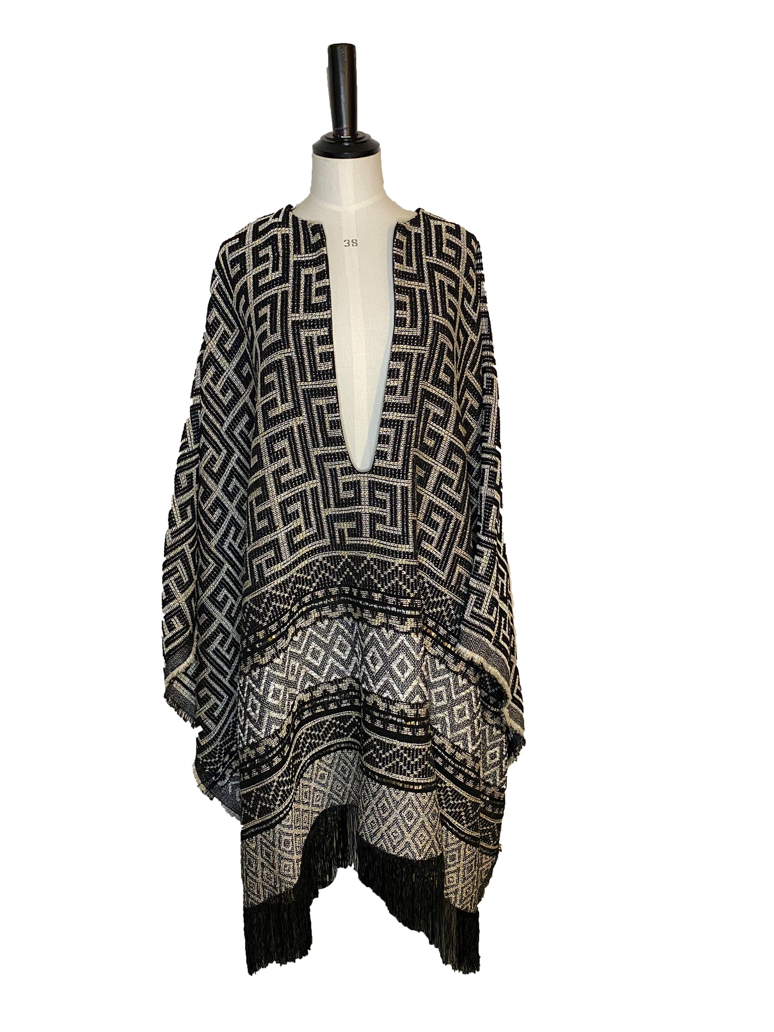 Metallic Fringed Jacquard Poncho